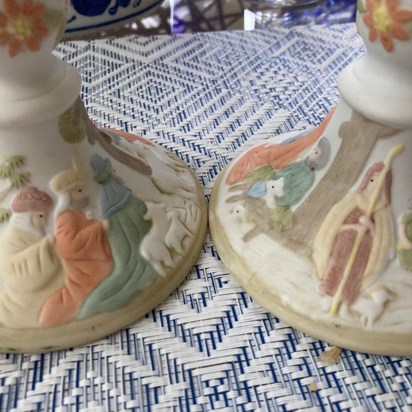LEFTON CANDLE HOLDERS  NATIVITY SCENE PAIR EXCELLENT 1982 Christopher Collection - Picture 5 of 6